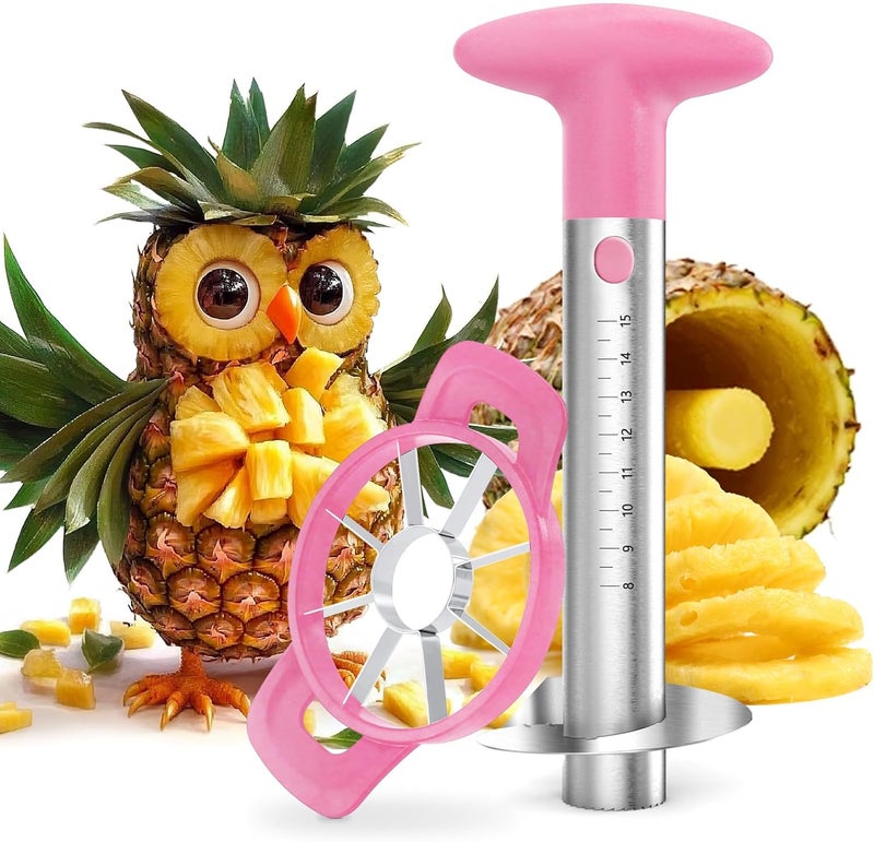 OOKUU Pineapple Corer, Stainless Steel Pineapple Peeler Slicer with Reinforced Thicker Blade, Measure Marked Core Remover, Pink - Image 1